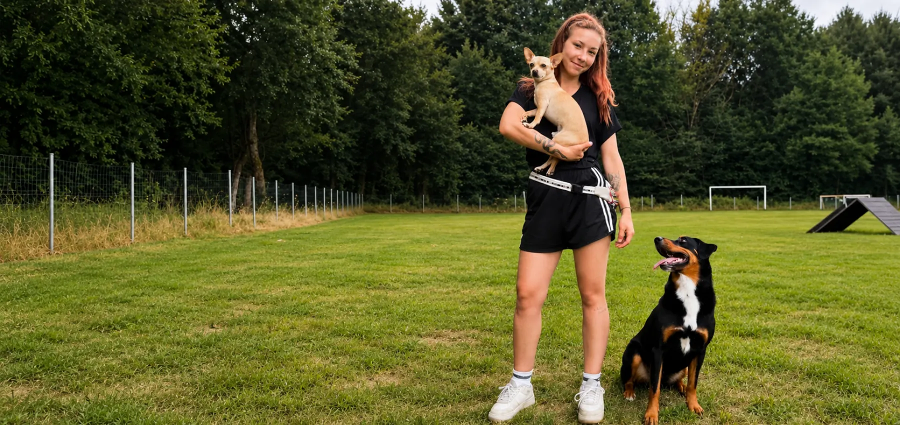 Nathalie Hähnel mit zwei Hunden auf einer Wiese